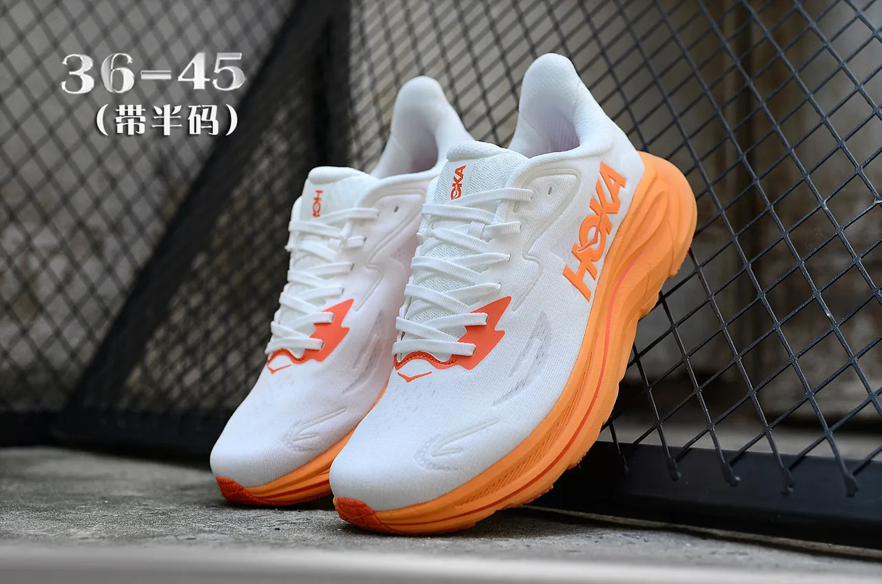 Hoka White Orange Maximalist Cushioned Sole Engineered Knit Upper Running Shoes 5