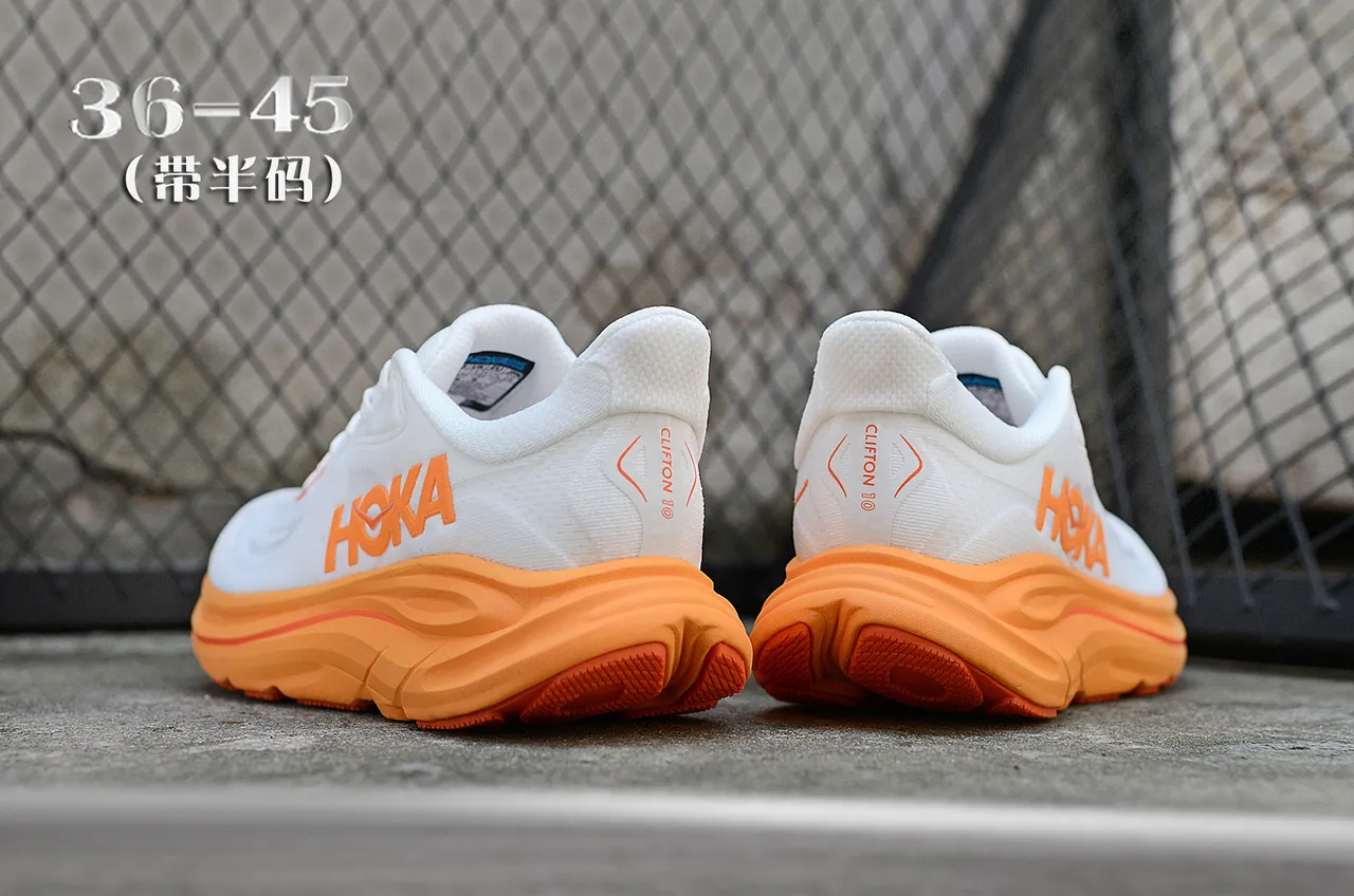 Hoka White Orange Maximalist Cushioned Sole Engineered Knit Upper Running Shoes 6