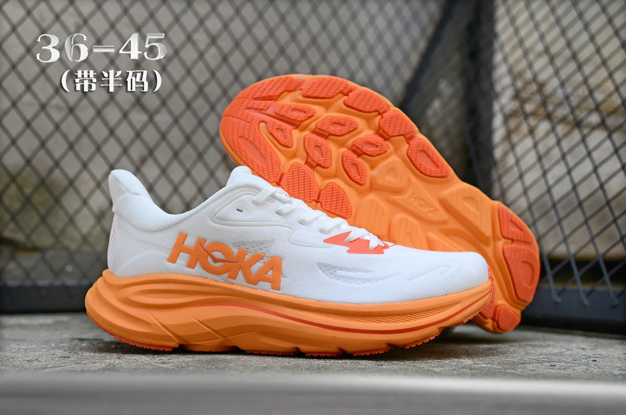 Hoka White Orange Maximalist Cushioned Sole Engineered Knit Upper Running Shoes 7