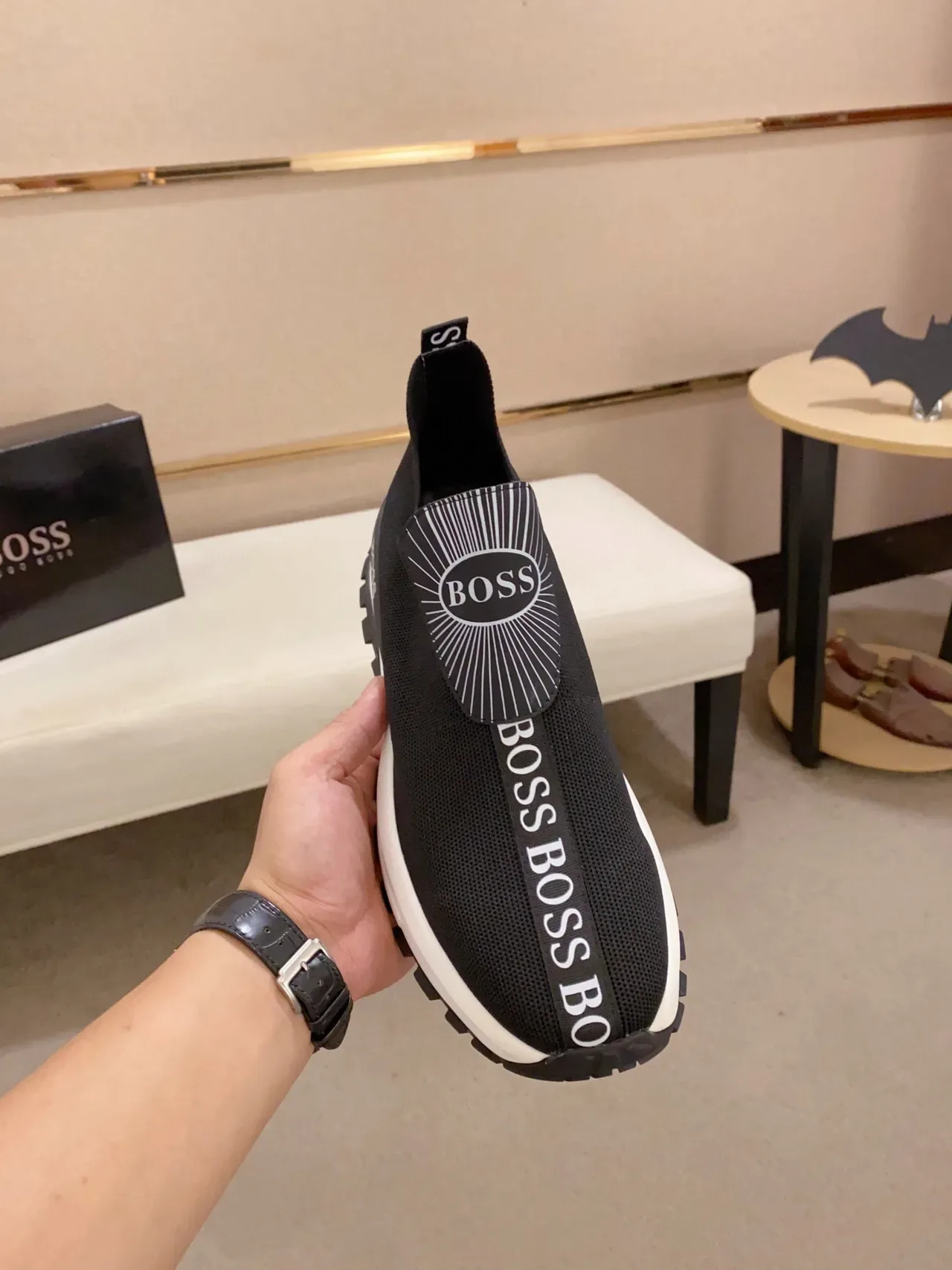 Hugo Boss Black White Knit Slip-On Chunky Sole Sneakers 9