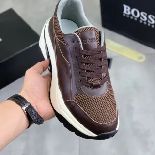 Hugo Boss Chaussure de sport marron en cuir-maille chunky