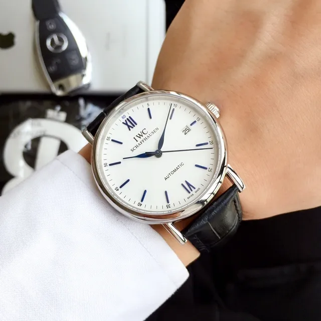 IWC Portugieser آلي وجه أبيض جلد أسود ساعة ميكانيكية 4