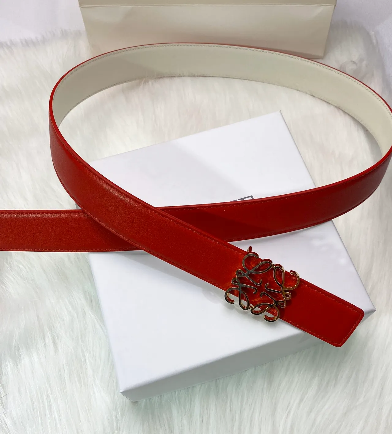 Loewe Anagram Ceinture Rouge Or Attache Lisse Cuir 3