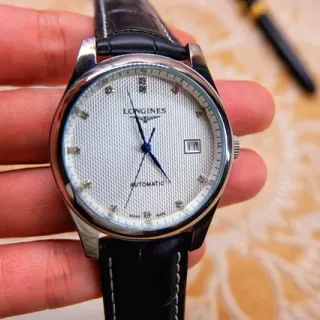 Longines Black Silver Stainless Steel Case White Guilloché Dial Mechanical Watch