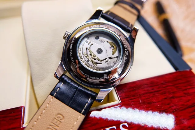 Longines काला चांदी स्टेनलेस स्टील केस सफेद गिलोशे डायल यांत्रिक घड़ी 3