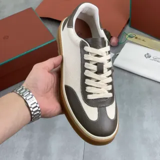 Loro Piana Beige Brown Canvas And Leather Panel Construction Contrast Stitching Lifestyle Sneakers
