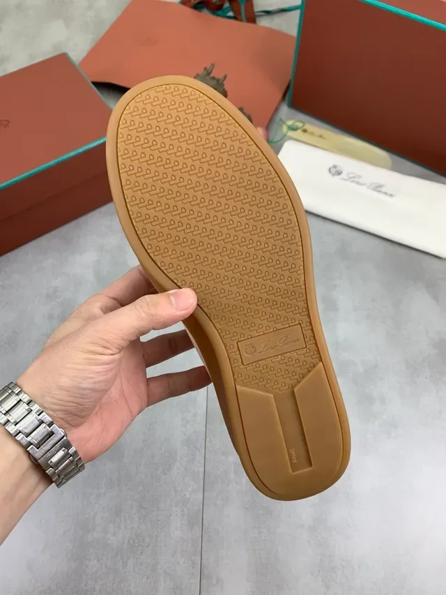 Loro Piana Beige Marrón Lona y Cuero Paneles Costura Contraste Zapatillas Lifestyle 2