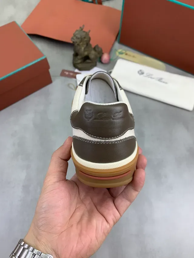 Loro Piana Beige Marrón Lona y Cuero Paneles Costura Contraste Zapatillas Lifestyle 3