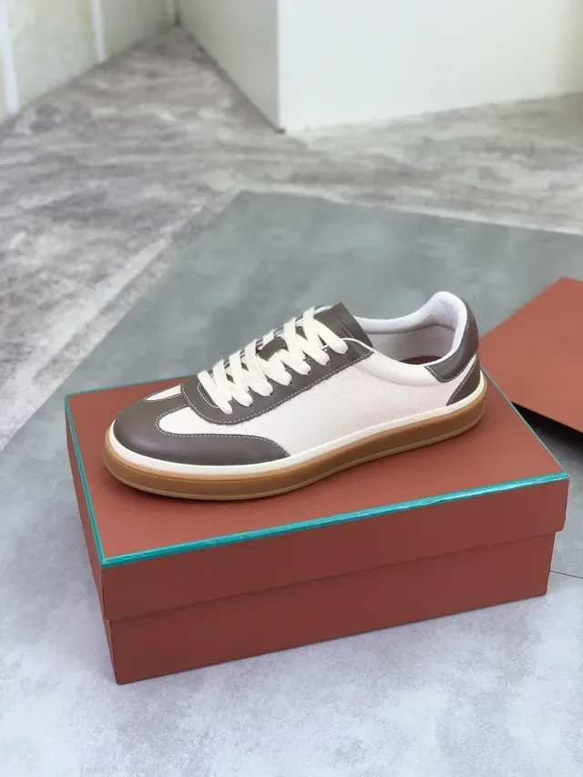 Loro Piana Beige Marrón Lona y Cuero Paneles Costura Contraste Zapatillas Lifestyle 4