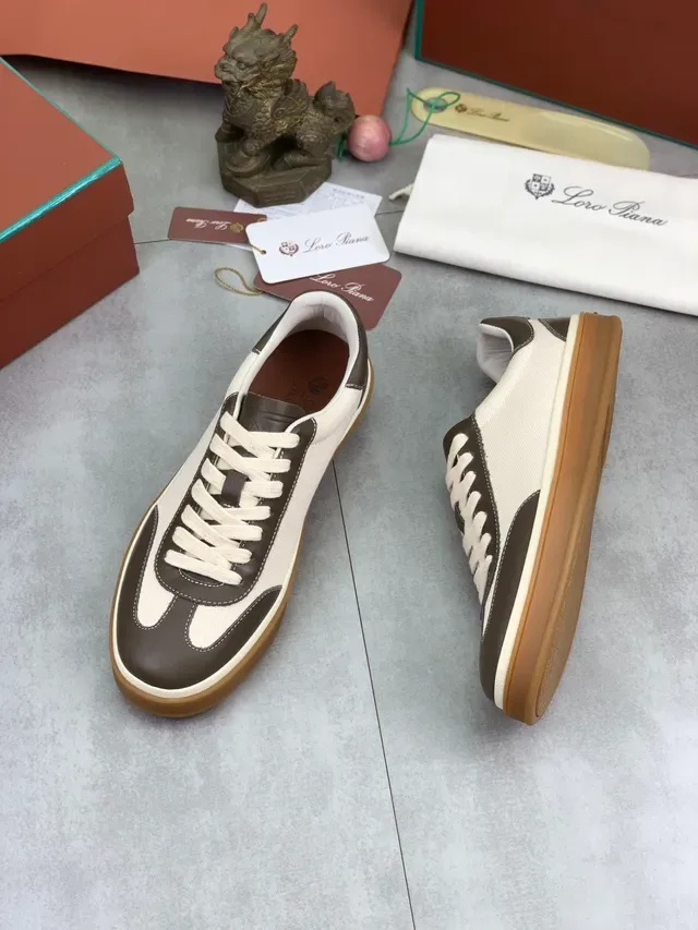 Loro Piana Beige Marrón Lona y Cuero Paneles Costura Contraste Zapatillas Lifestyle 5