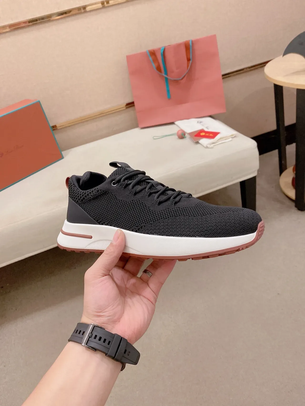 Loro Piana Black Pink Knit Upper Layered Midsole Sneakers 5