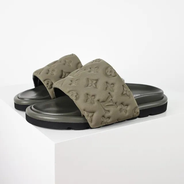 Louis Vuitton 军绿黑印花绗缝带层叠橡胶鞋底拖鞋 2