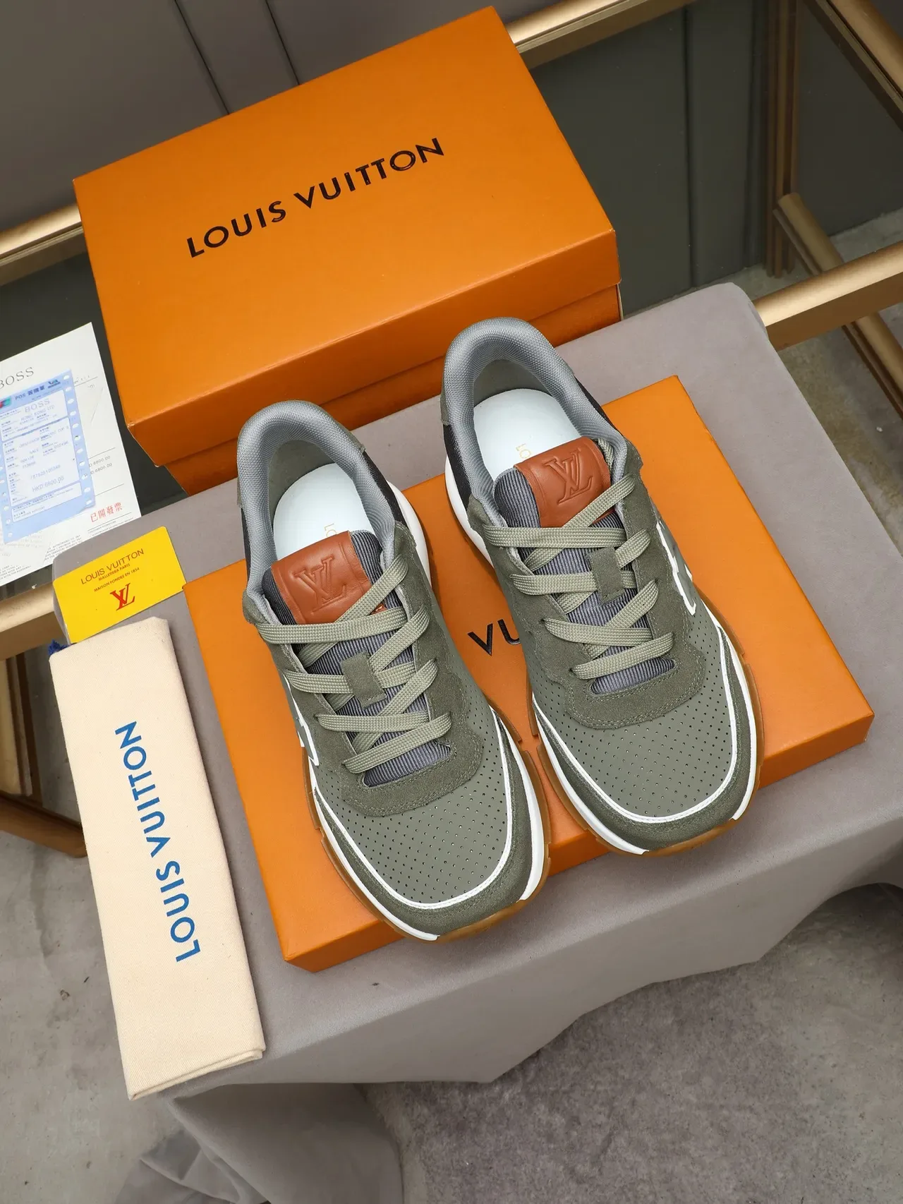 Louis Vuitton Army Green White Perforated Olive Suede Oversized Raised LV Monogram Lifestyle Sneakers 2