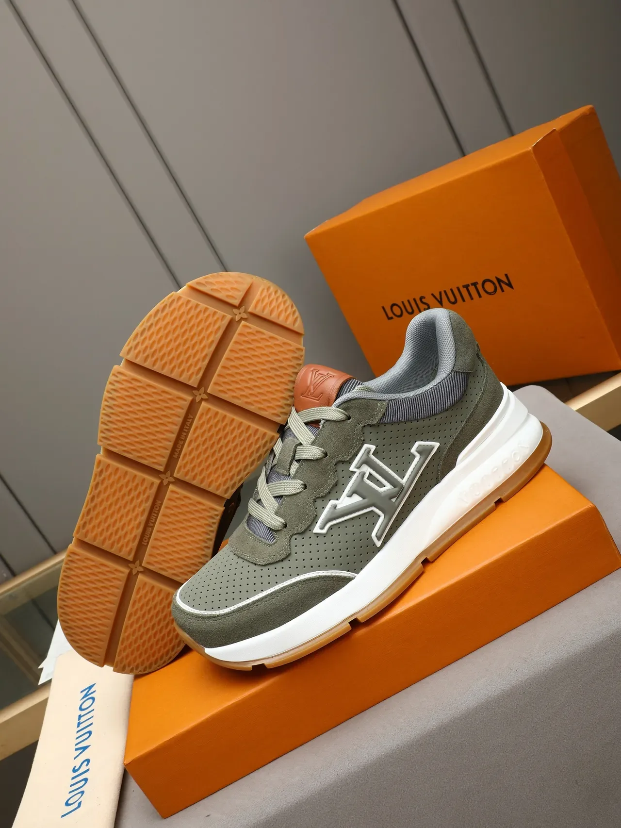 Louis Vuitton Army Green White Perforated Olive Suede Oversized Raised LV Monogram Lifestyle Sneakers 4