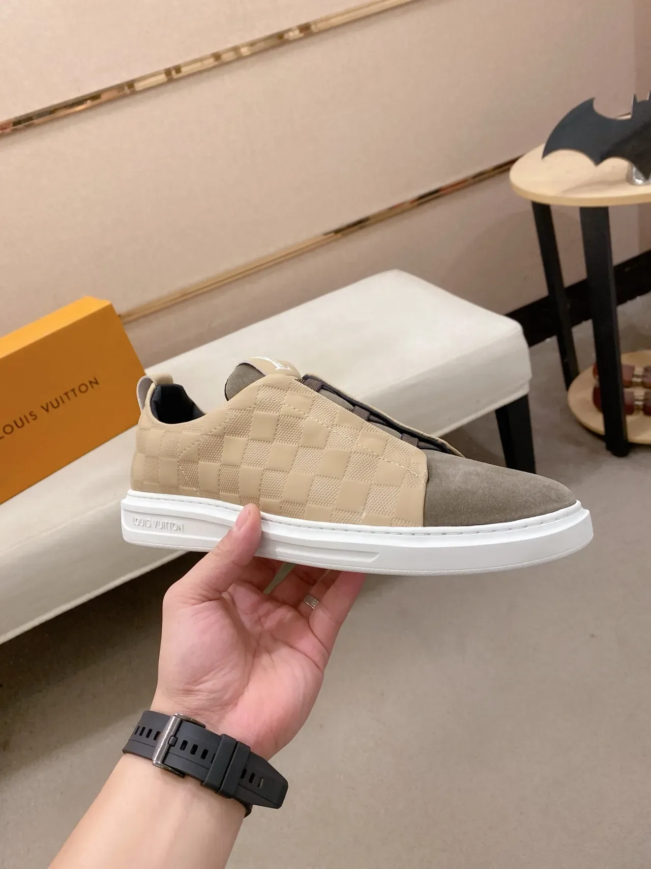 Louis Vuitton Beige Brown Slip-On Checkerboard Textile Lifestyle Sneakers 4