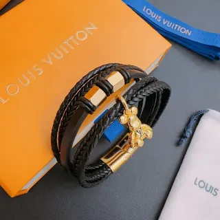 Louis Vuitton سوار جلد مضفر أسود ذهبي متعدد الالتفاف