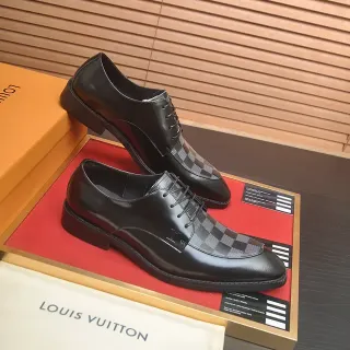 Louis Vuitton Chaussures Oxford Noir Gris Cuir Poli Damier à Carreaux Embout