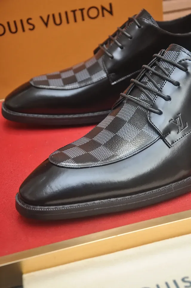 Louis Vuitton Sapatos Oxford Preto Cinza Couro Polido Damier Xadrez Ponta 2