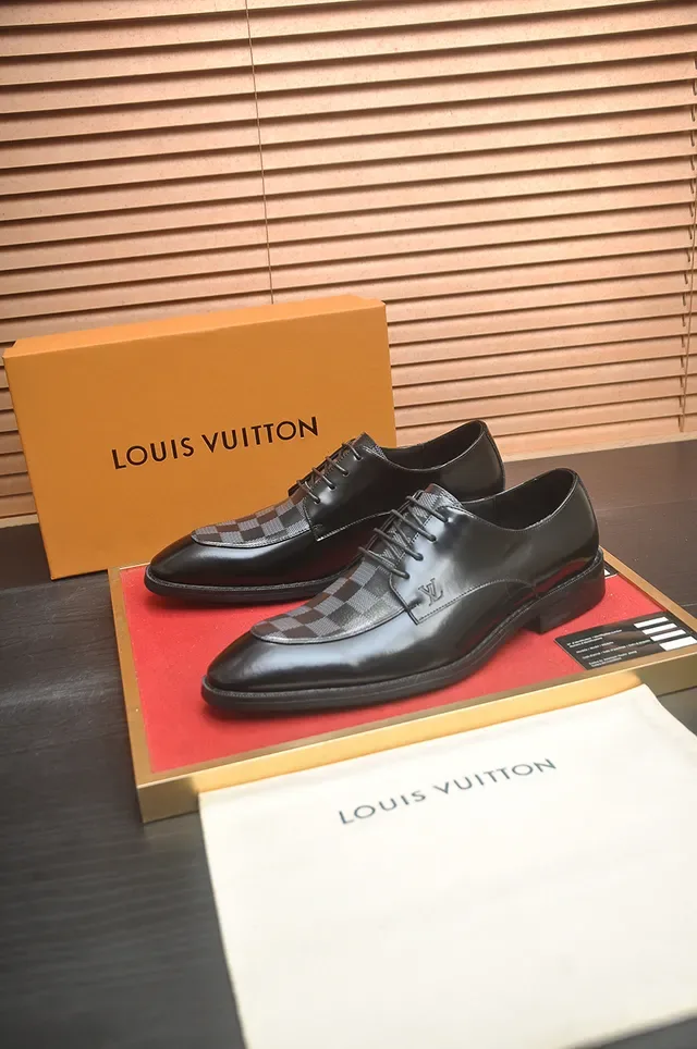 Louis Vuitton Sapatos Oxford Preto Cinza Couro Polido Damier Xadrez Ponta 4