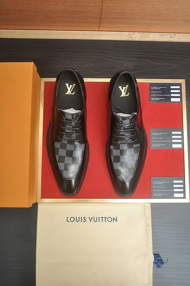 Louis Vuitton Sapatos Oxford Preto Cinza Couro Polido Damier Xadrez Ponta 5
