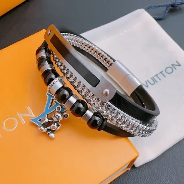 Louis Vuitton Black Silver Multi-Layered Leather-and-Chain Bracelet 8