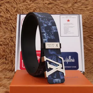 Louis Vuitton Blue Black Patterned Coated Oversized Monogram Buckle Leather Belt
