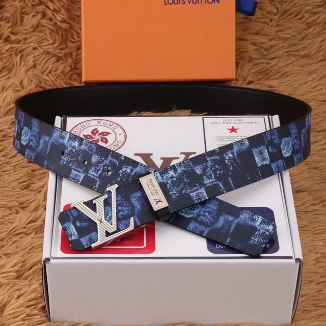 Louis Vuitton Blue Black Patterned Coated Oversized Monogram Buckle Leather Belt 5
