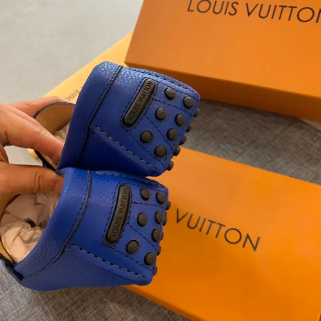 Louis Vuitton Blue Black Pebbled Leather Metal LV Buckle Loafer 2