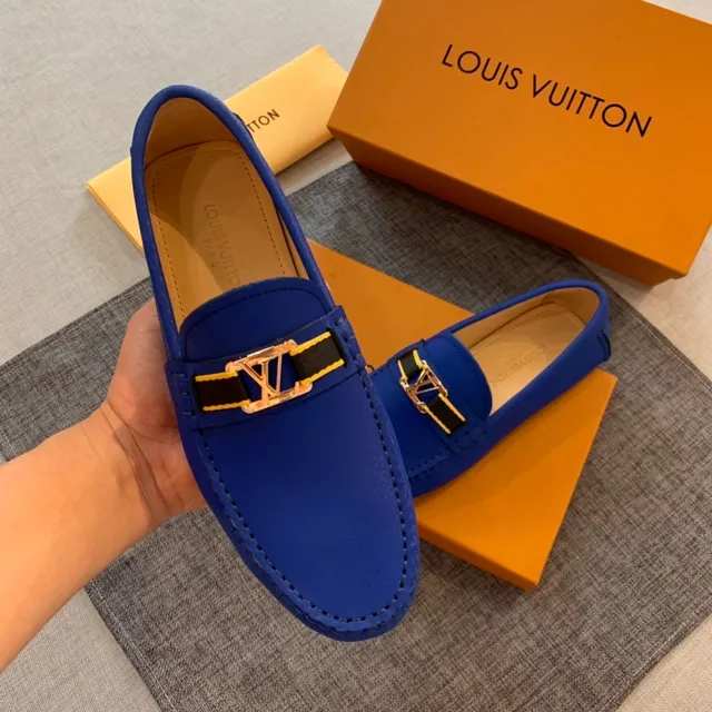 Louis Vuitton Blue Black Pebbled Leather Metal LV Buckle Loafer 3