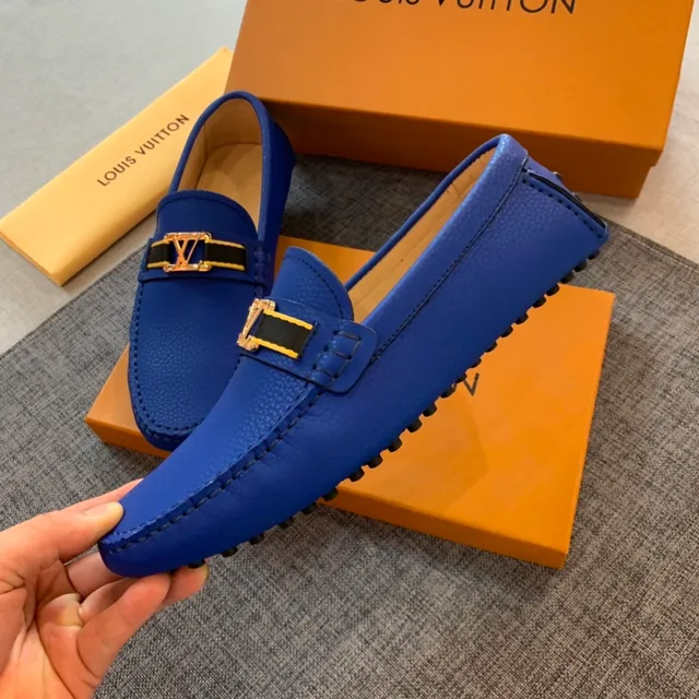 Louis Vuitton Blue Black Pebbled Leather Metal LV Buckle Loafer 4