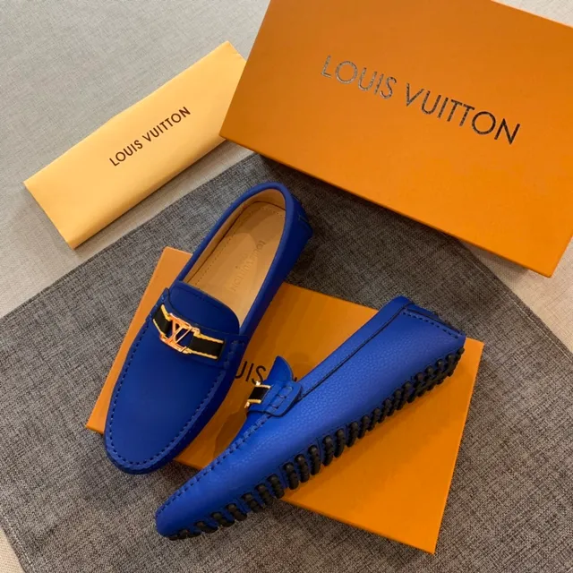 Louis Vuitton Blue Black Pebbled Leather Metal LV Buckle Loafer 5