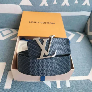 Louis Vuitton Blue Silver Textured LV Monogram Buckle Leather Belt