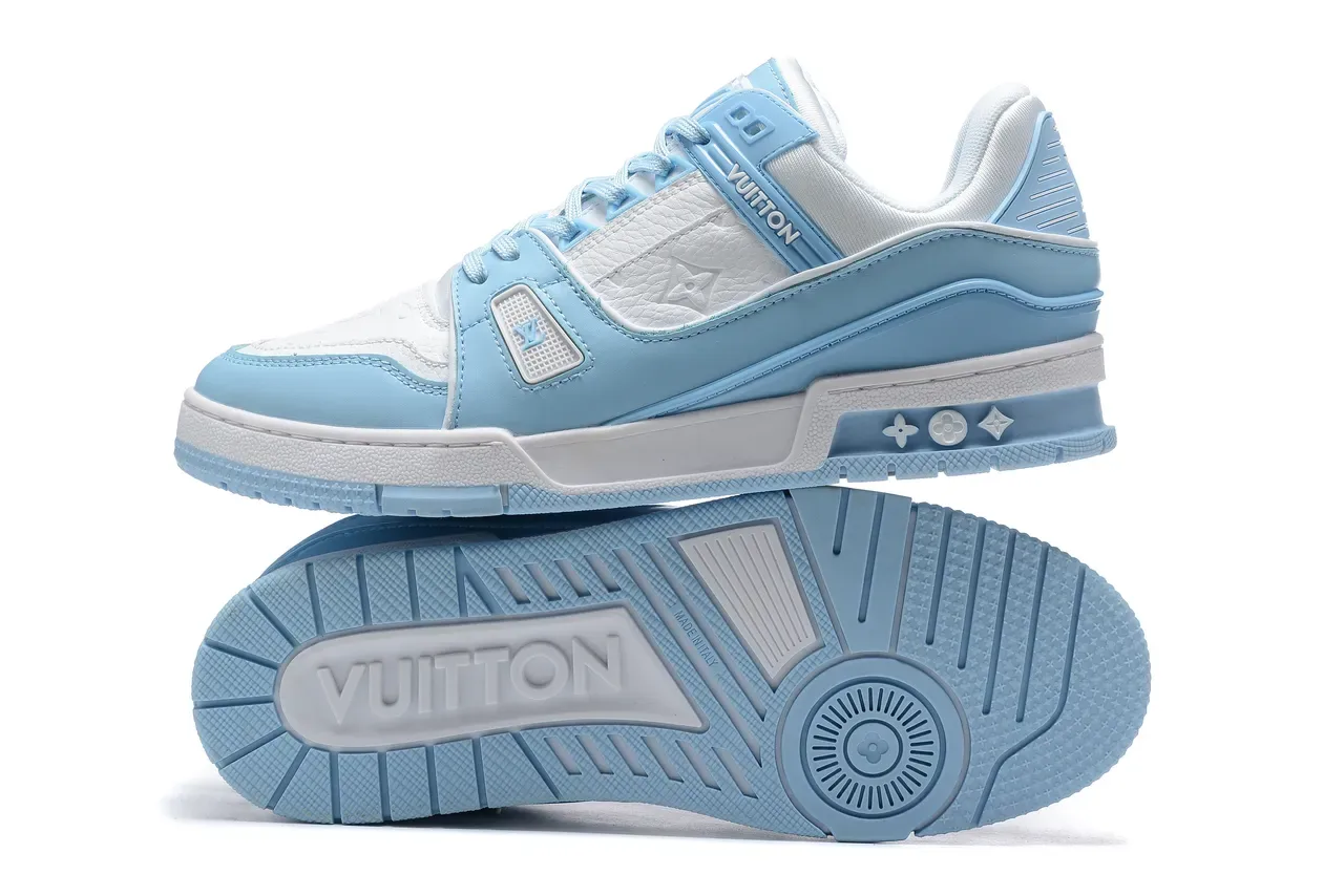 Louis Vuitton Blue White Layered Synthetic And Leather Construction Monogram-Embossed Panel Lifestyle Sneakers 2