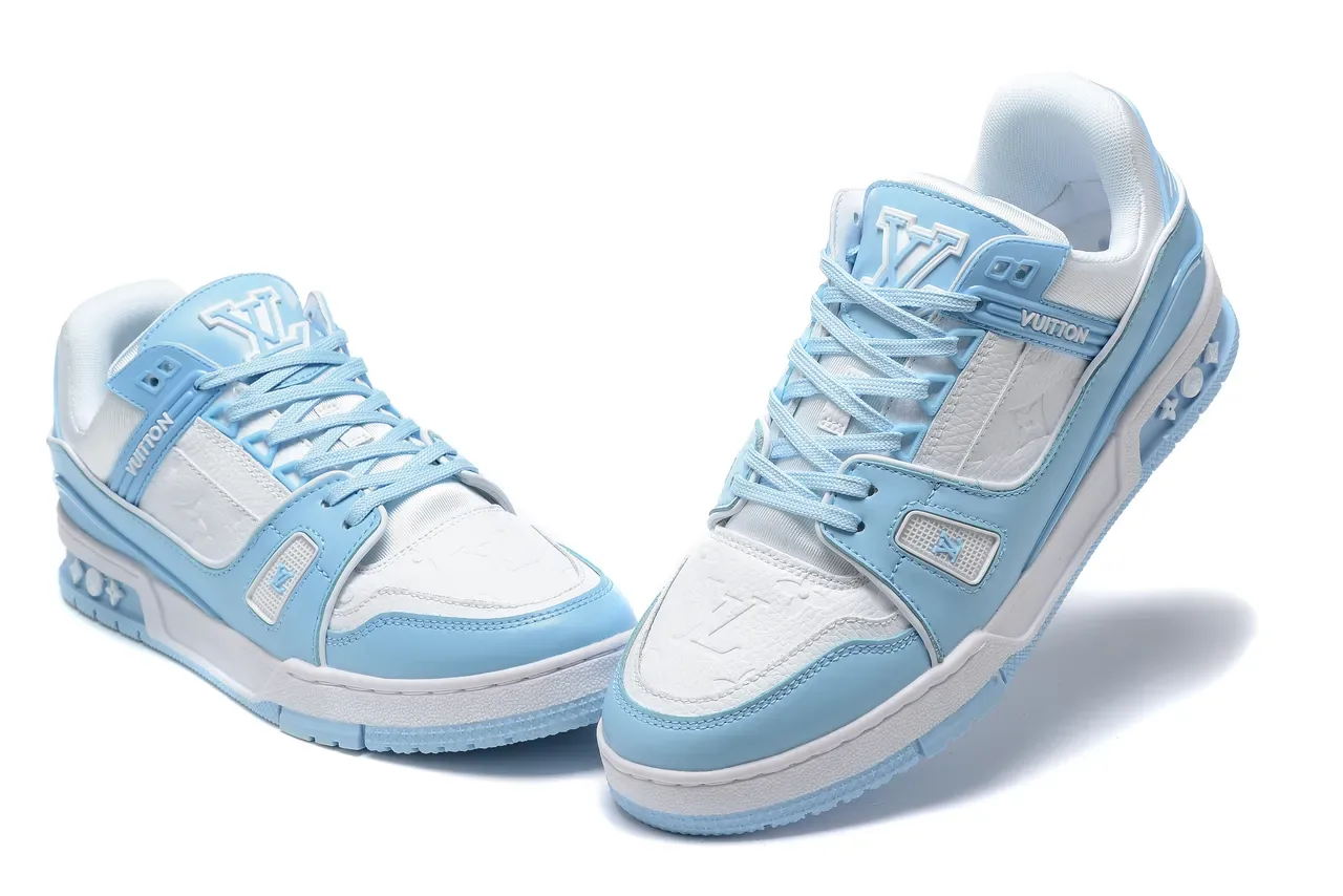 Louis Vuitton Blue White Layered Synthetic And Leather Construction Monogram-Embossed Panel Lifestyle Sneakers 4