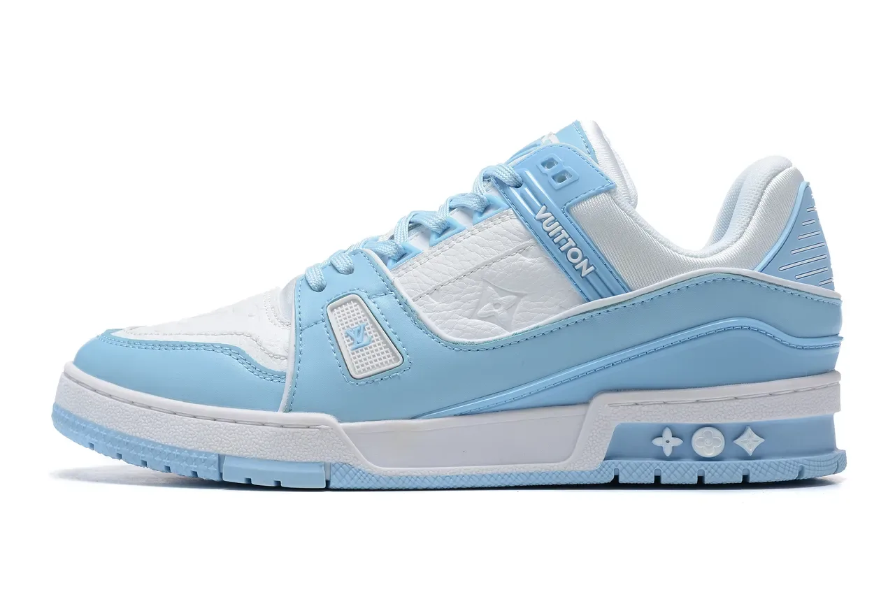 Louis Vuitton Blue White Layered Synthetic And Leather Construction Monogram-Embossed Panel Lifestyle Sneakers 5