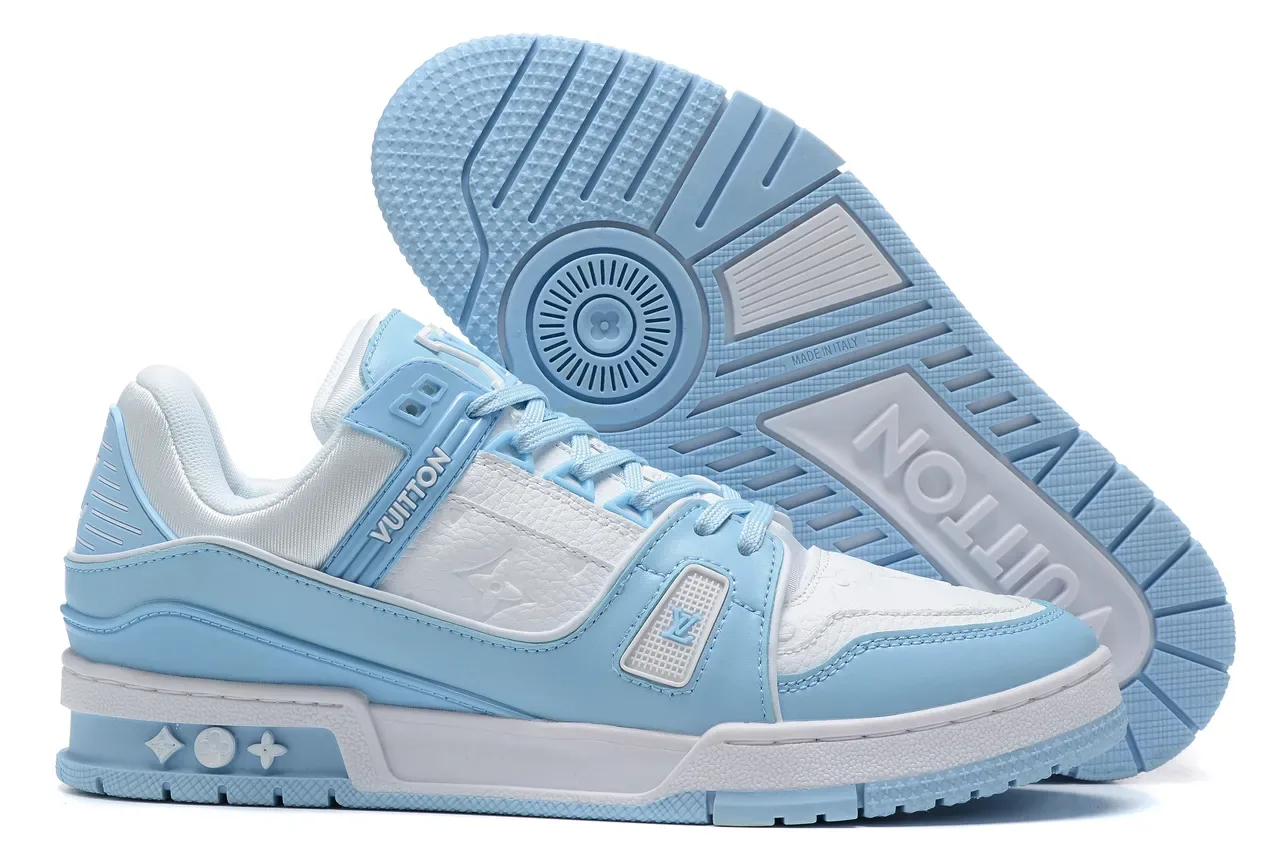 Louis Vuitton Blue White Layered Synthetic And Leather Construction Monogram-Embossed Panel Lifestyle Sneakers 7