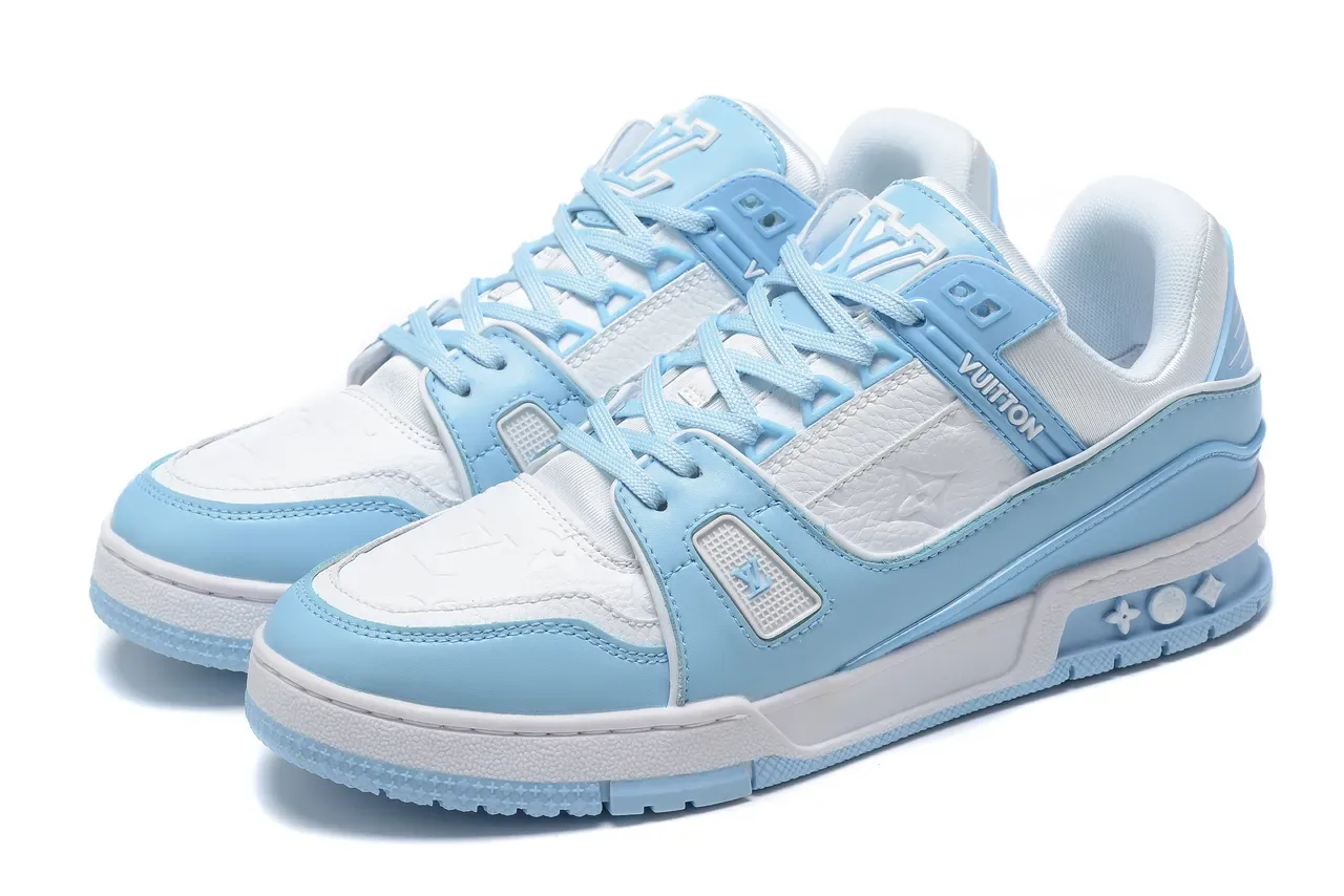 Louis Vuitton Blue White Layered Synthetic And Leather Construction Monogram-Embossed Panel Lifestyle Sneakers 8