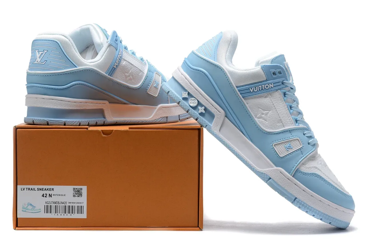 Louis Vuitton Blue White Layered Synthetic And Leather Construction Monogram-Embossed Panel Lifestyle Sneakers 9
