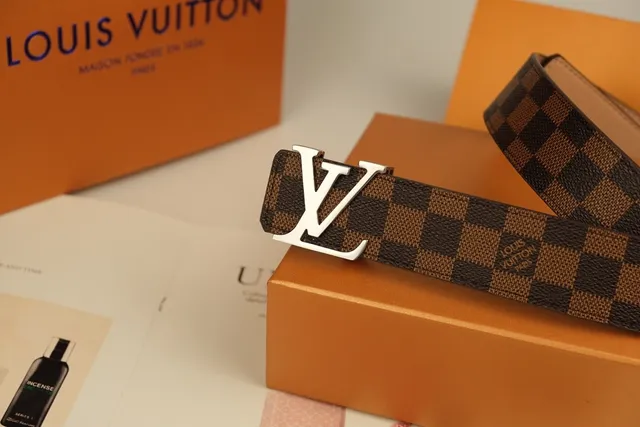 Louis Vuitton भूरा भेज Damier Ebène चेकर कैनवास पॉलिश्ड सिल्वर-टोन LV बकिल चमड़ी की बेल्ट 2