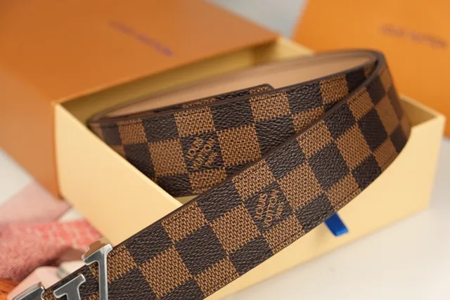Louis Vuitton भूरा भेज Damier Ebène चेकर कैनवास पॉलिश्ड सिल्वर-टोन LV बकिल चमड़ी की बेल्ट 3