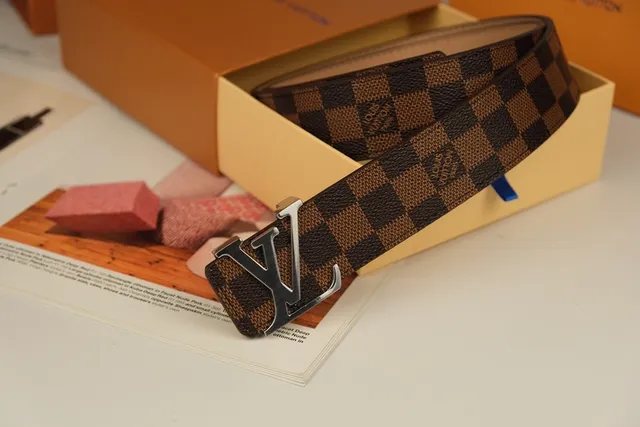 Louis Vuitton भूरा भेज Damier Ebène चेकर कैनवास पॉलिश्ड सिल्वर-टोन LV बकिल चमड़ी की बेल्ट 4