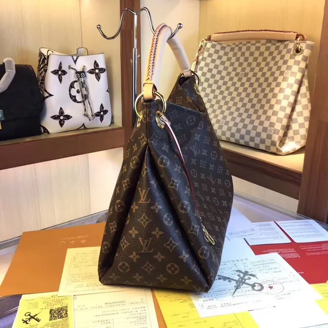 Louis Vuitton Brown Beige Monogram Canvas Rolled Leather Handle Handbag 21