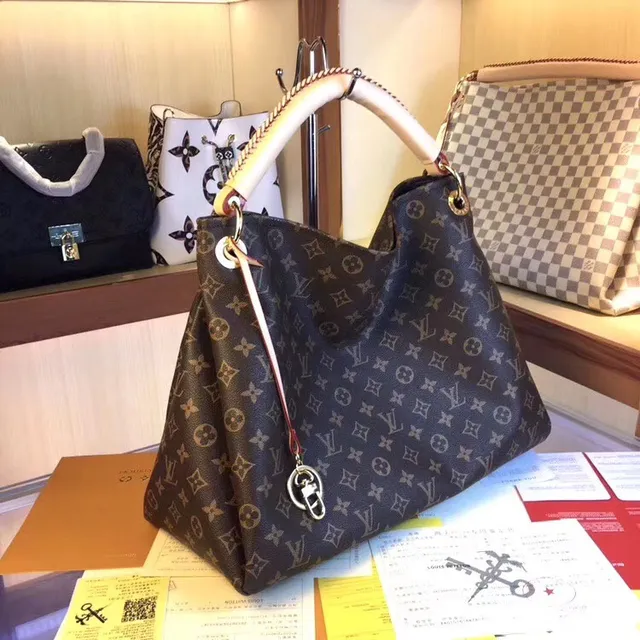 Louis Vuitton Brown Beige Monogram Canvas Rolled Leather Handle Handbag 22