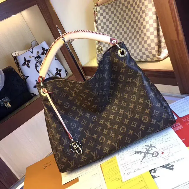 Louis Vuitton Brown Beige Monogram Canvas Rolled Leather Handle Handbag 23