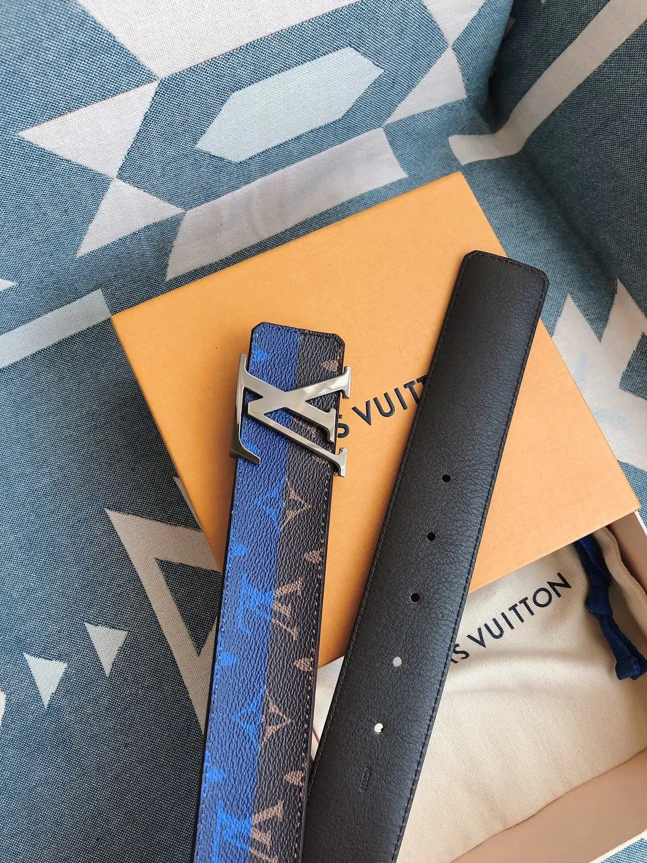 Louis Vuitton Brown Blue Monogram-Printed Wide Stripe Accent Leather Belt 2