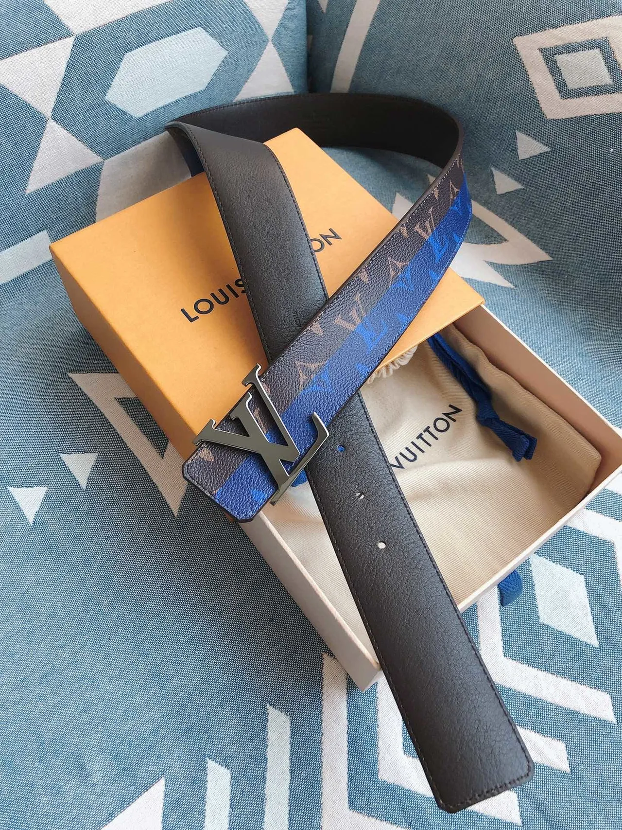 Louis Vuitton Brown Blue Monogram-Printed Wide Stripe Accent Leather Belt 8