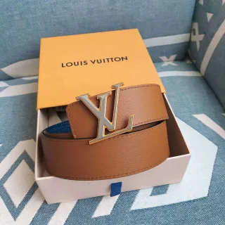 Louis Vuitton भूरे नीले रिवर्सिबल LV Monogram बकल चमड़े की बेल्ट