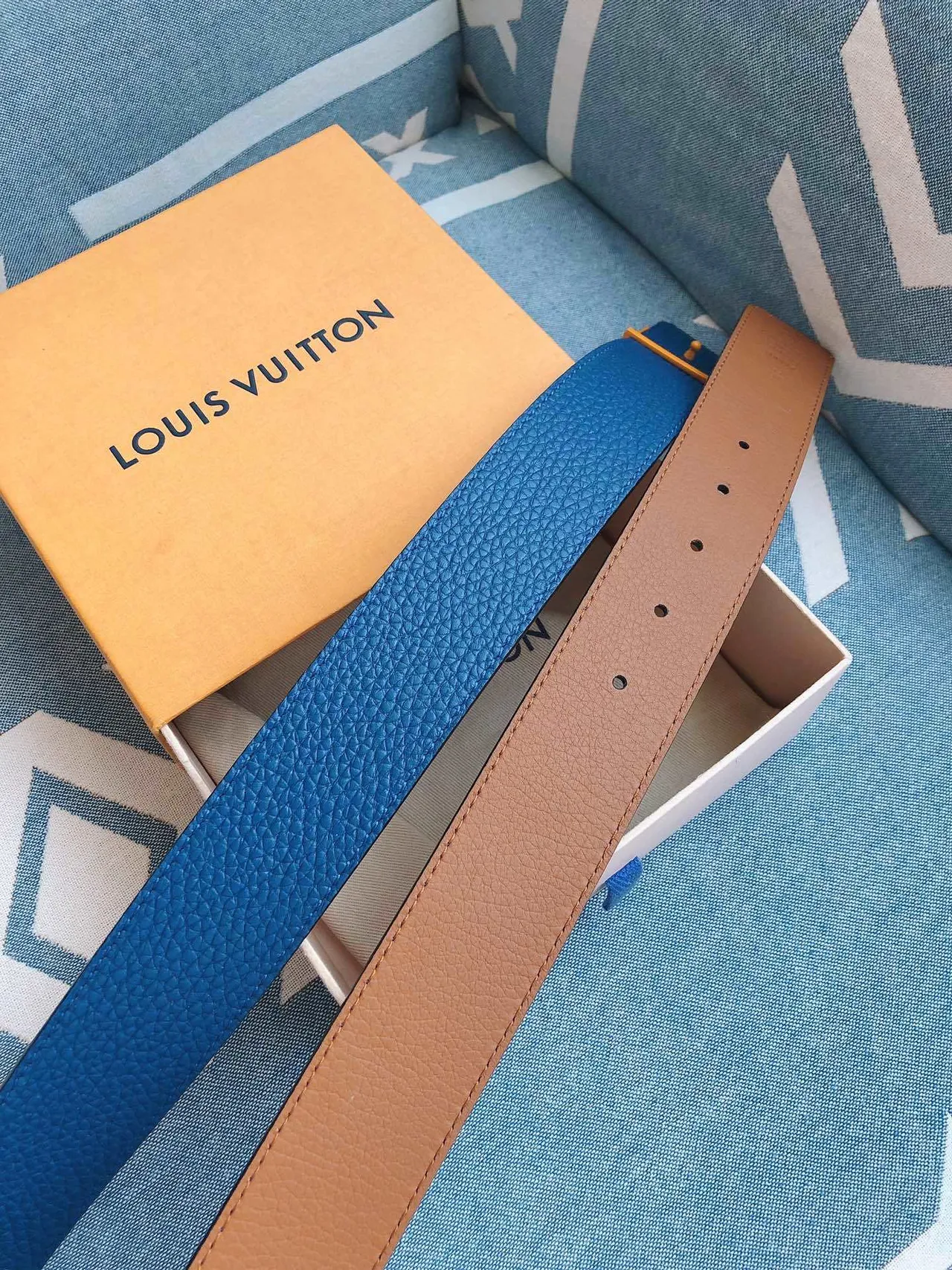 Cinto Louis Vuitton marrom azul reversível LV Monogram fivela de couro 2