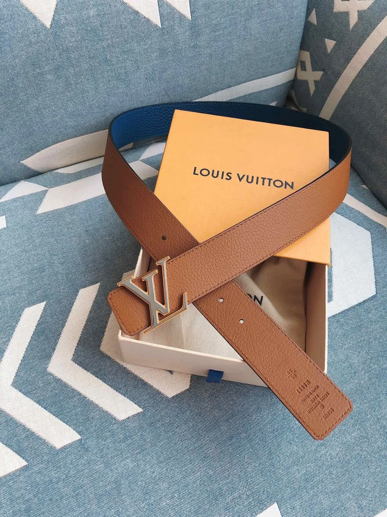 Cinto Louis Vuitton marrom azul reversível LV Monogram fivela de couro 3