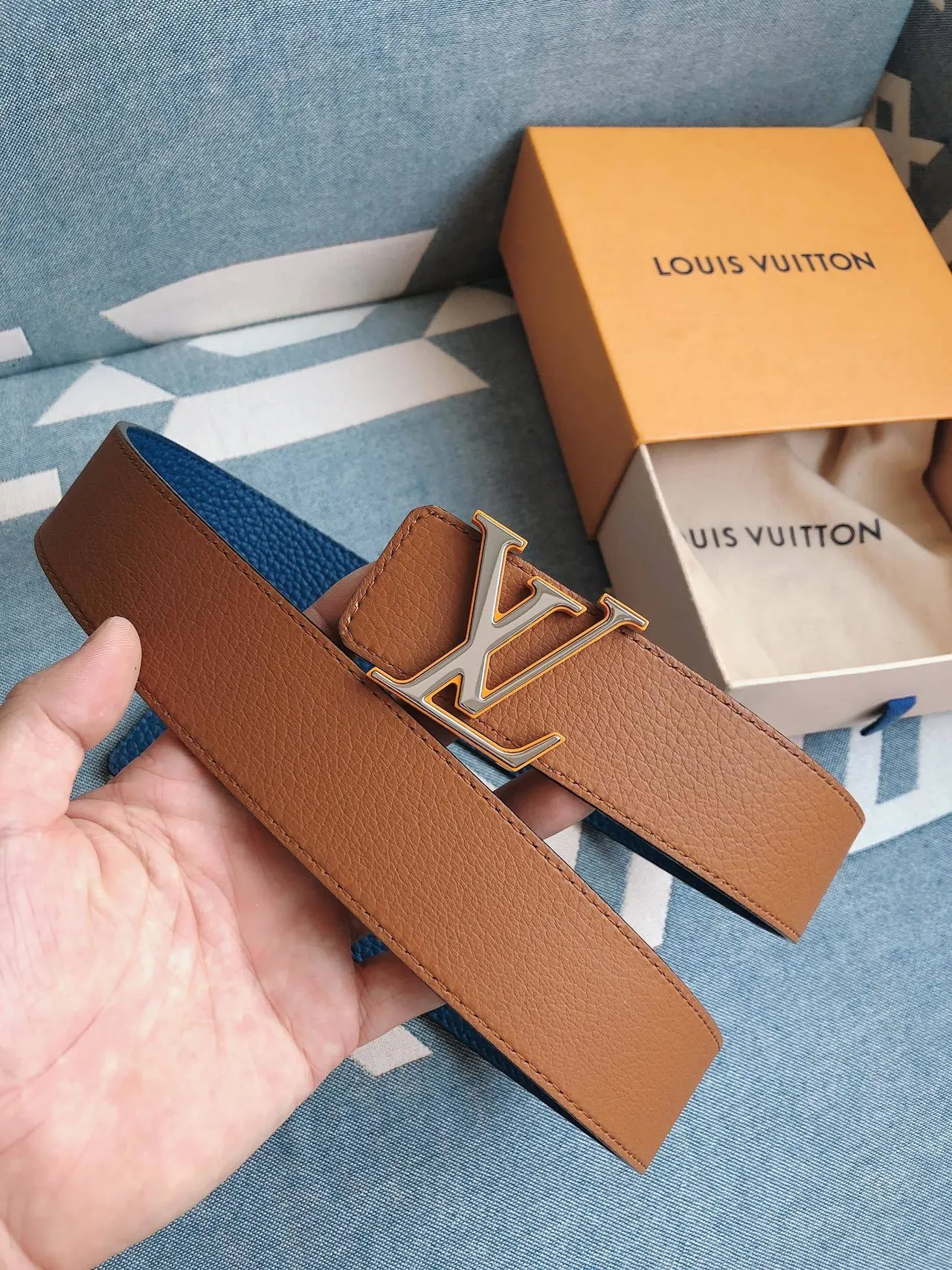 Cinto Louis Vuitton marrom azul reversível LV Monogram fivela de couro 9